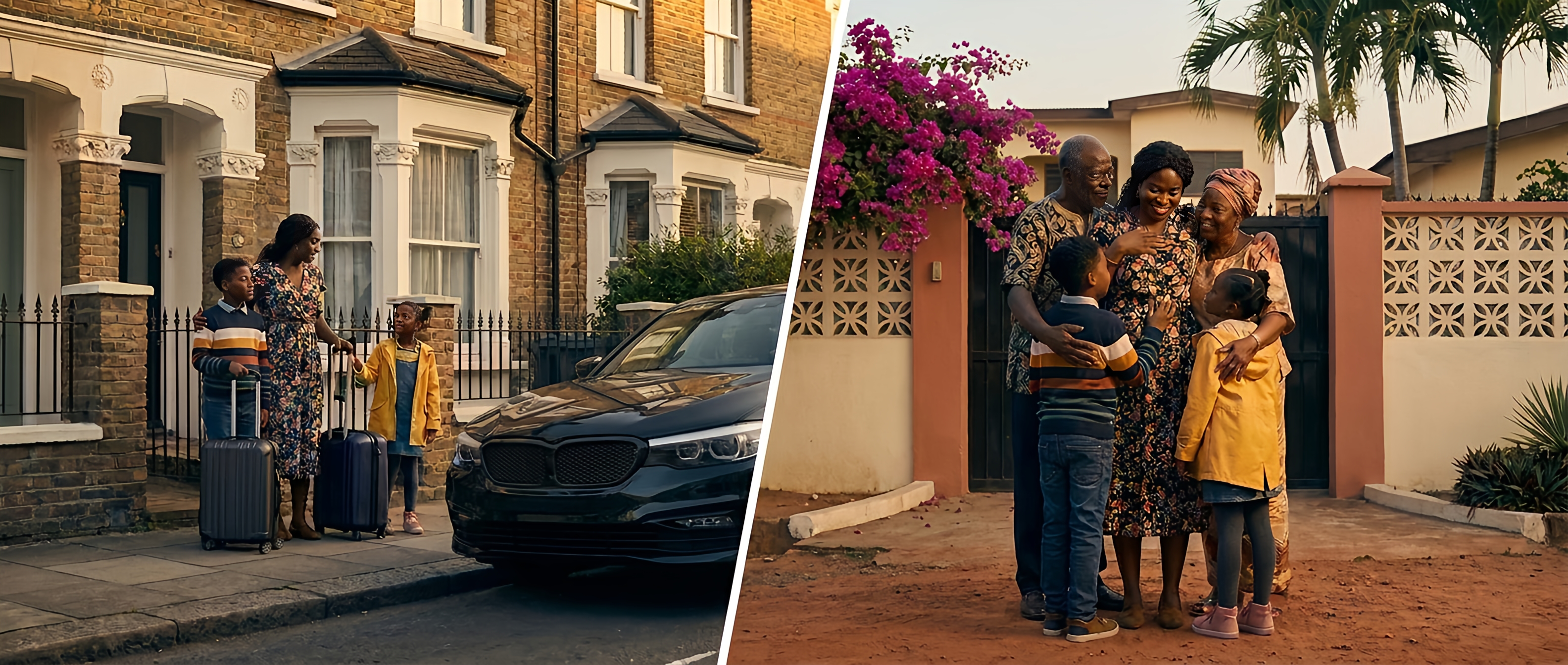A family leaving a London home and being welcomed at a Lagos family compound
