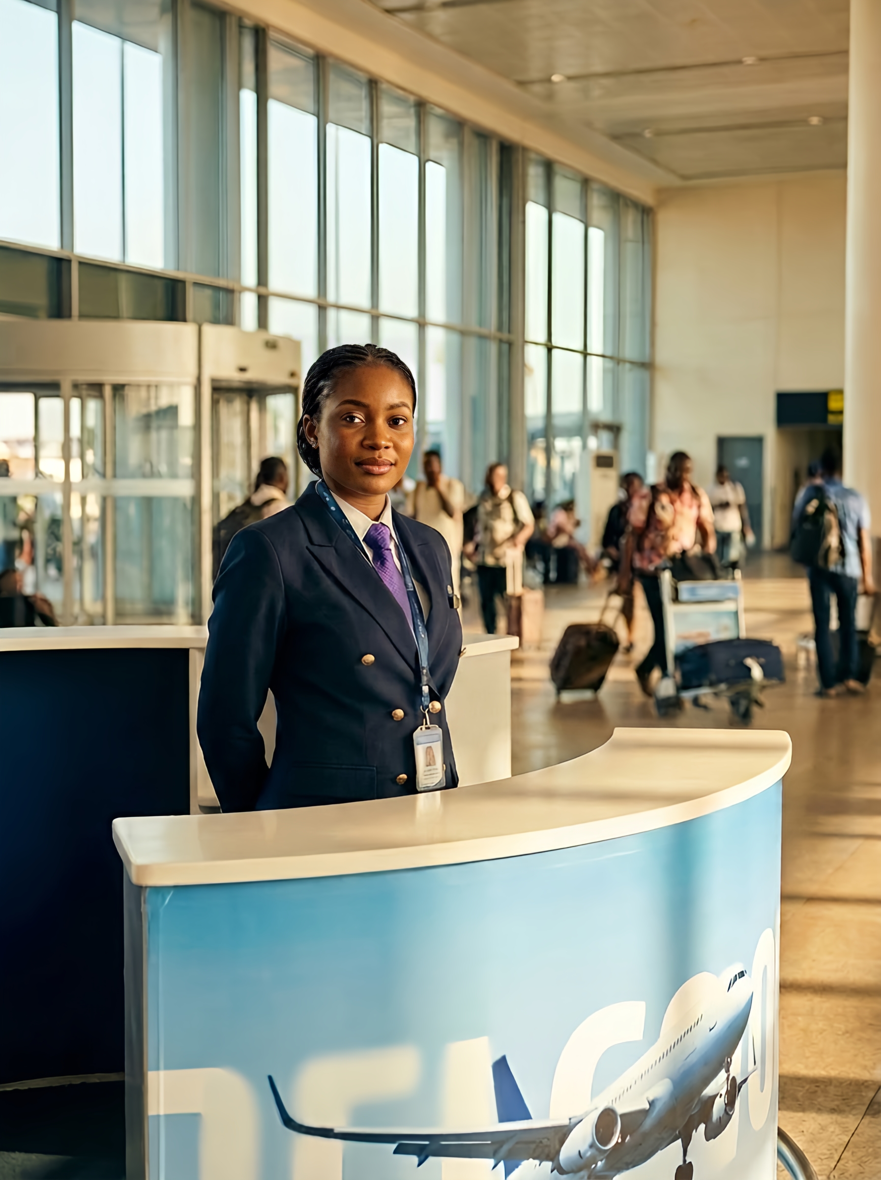 A welcome desk at Lagos airport greeting arriving airline passengers