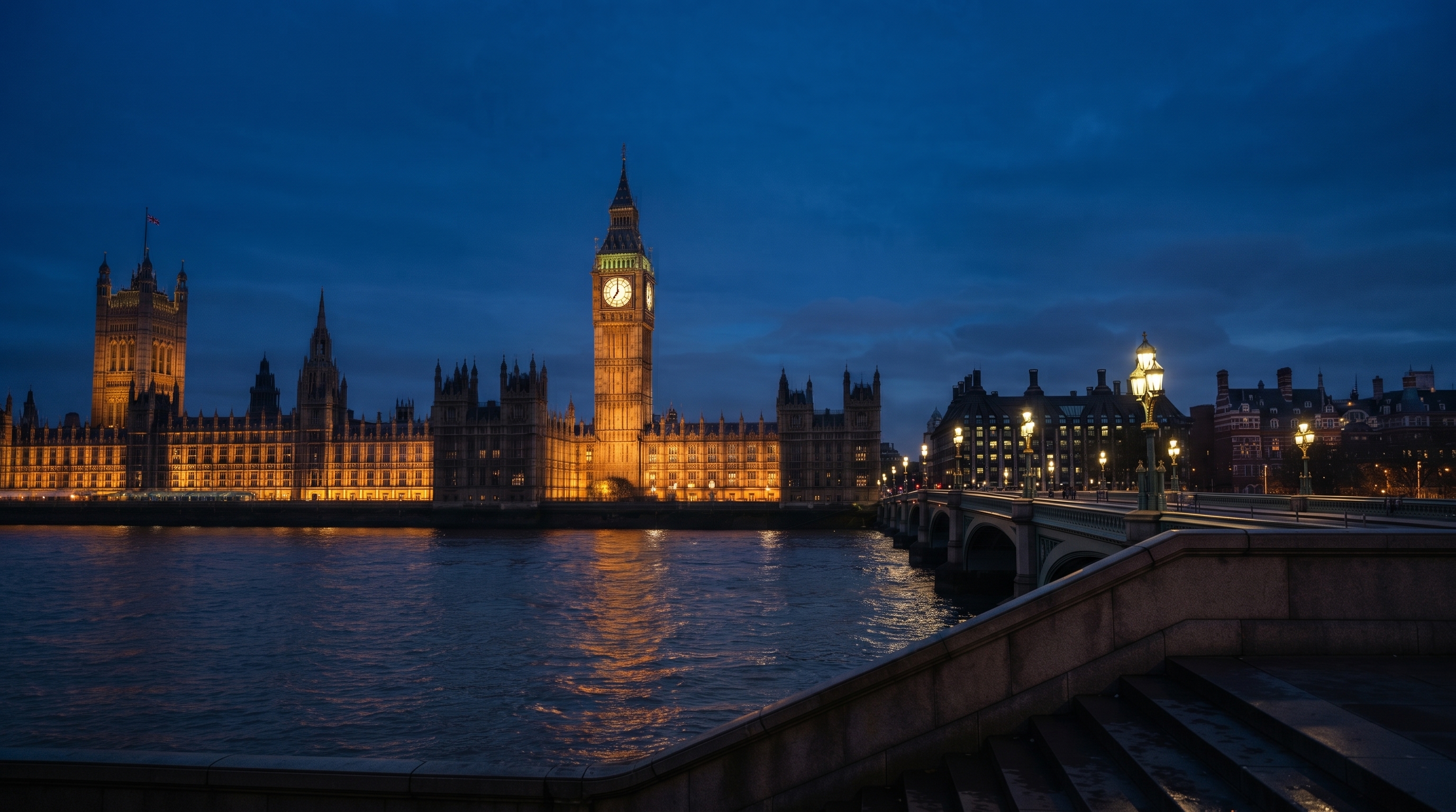 The Elizabeth Tower and the Houses of Parliament at dusk