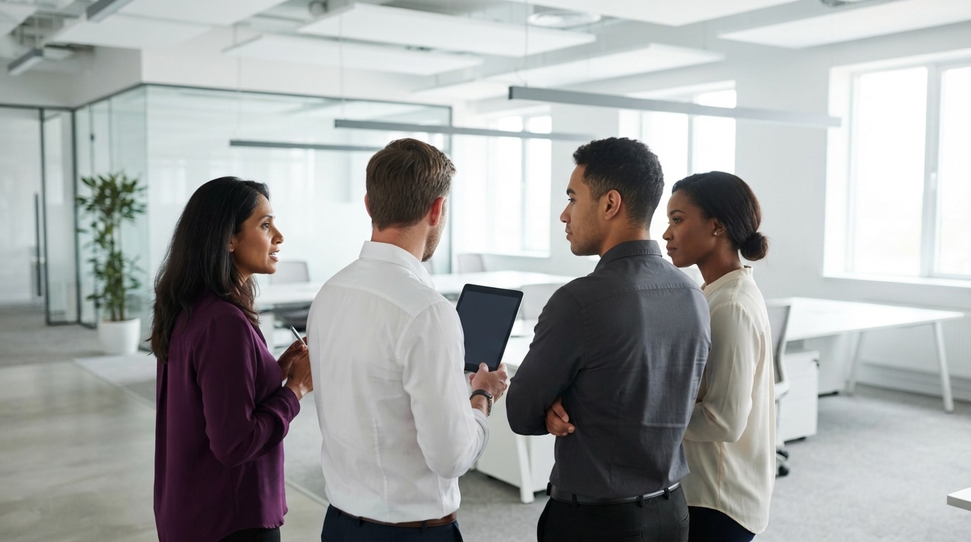 Four Simplaa operations staff talking in the London office
